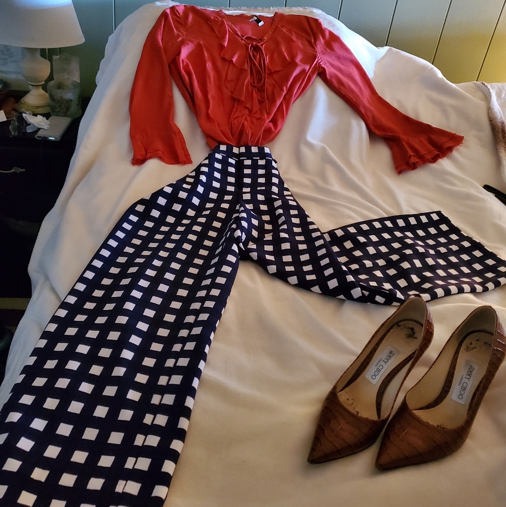 Navy and White Checkered Crop Pants